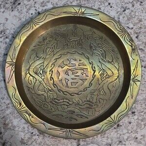 Vintage Antique Solid Brass Decorative Plate Dragon Etched Heavy Made In China